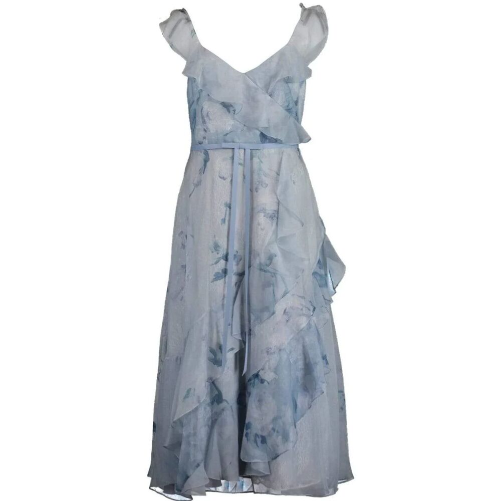 Marchesa Notte Light Blue Floral Ruffle Chiffon Gown NWT Size 6